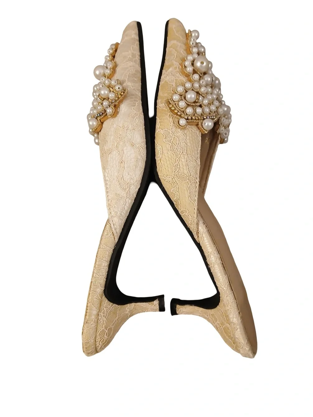 Embellished Lace Pearl Kitten Heel Regencycore Victorian Colonial Pointy Shoes 9